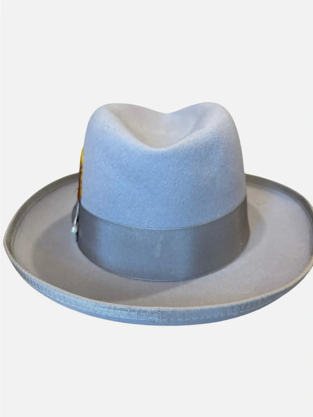 VTG Capas Design Light Gray Wool Fedora with Feather Accent Hat Godfather USA